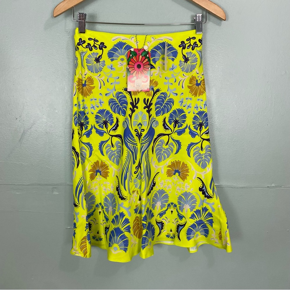 Anthropologie Farm Rio Sateen Knee Length Slip Skirt Neon Green Paisley XS